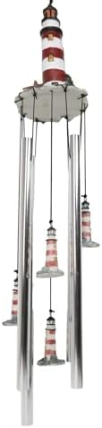 Ebros Nautical Lighthouse Wind Chime with Red White Striped Bands
