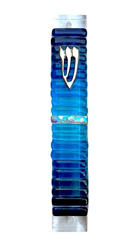 Jewish Mezuzah Premium Glass Case Blue April Sky