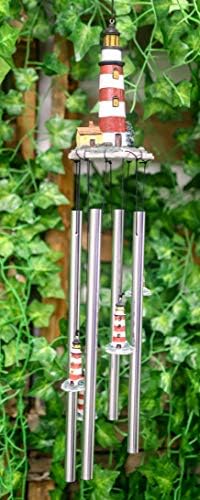 Ebros Nautical Lighthouse Wind Chime with Red White Striped Bands