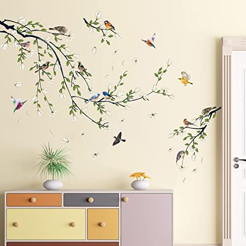 Green Vine Wall Decal with White Flowers and Birds