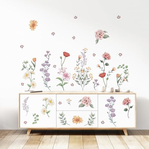 Retro Wildflower Wall Sticker Set 15 Sheets DIY Peel and Stick