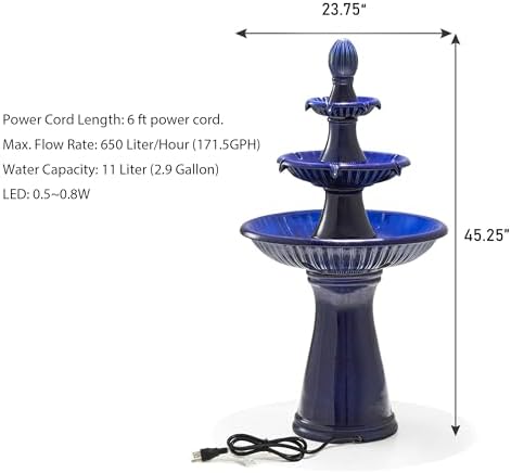 Glitzhome 3 Tier Outdoor Fountain with LED Light and Pump