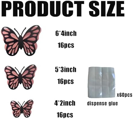3D Pink Butterfly Wall Art with Removable Stickers - 48 Pcs Black Pink