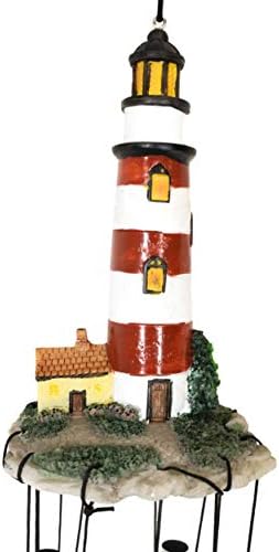 Ebros Nautical Lighthouse Wind Chime with Red White Striped Bands