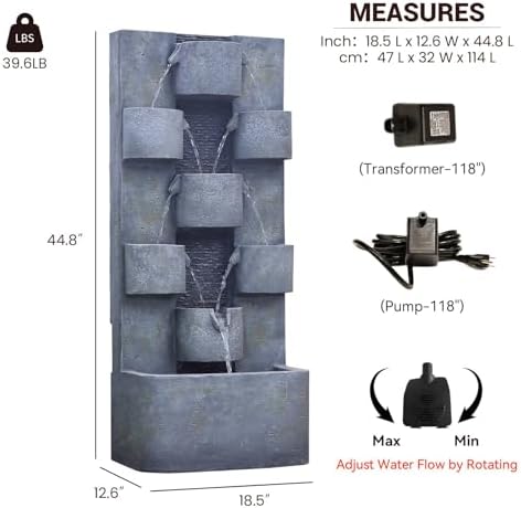 448 Inch Modern Outdoor Water Fountain with LED Lights and Pump