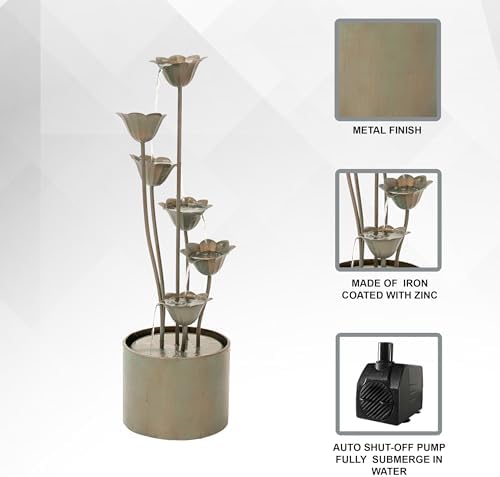 XBrand Metal Multi-Tiered Flower Water Fountain Silver 35 Inch Tall