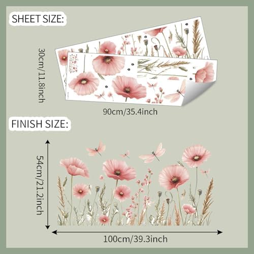 Watercolor Pink Flower Dragonfly Wall Sticker Botanical Design