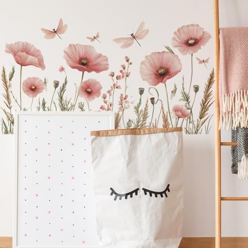 Watercolor Pink Flower Dragonfly Wall Sticker Botanical Design