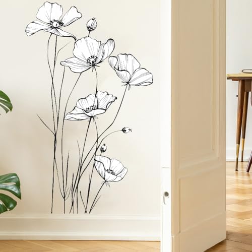 Black and White Poppy Wall Decal Minimalist Botanical Art