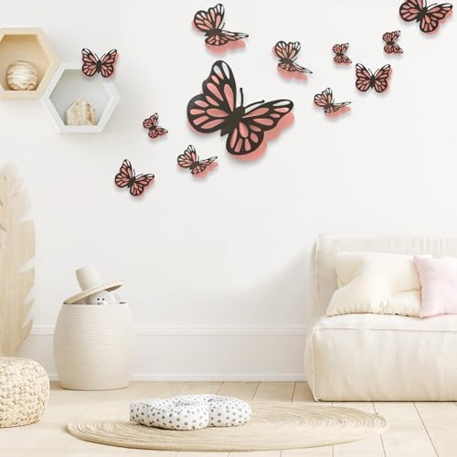 3D Pink Butterfly Wall Art with Removable Stickers - 48 Pcs Black Pink