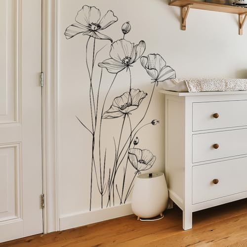 Black and White Poppy Wall Decal Minimalist Botanical Art