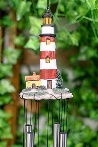 Ebros Nautical Lighthouse Wind Chime with Red White Striped Bands