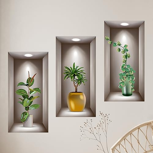 3D Potted Plants Wall Stickers Set of 3 Green Decor