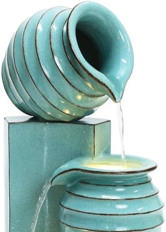 LuxenHome 30 Inch Tall Aqua Blue Water Fountain with LED Lights