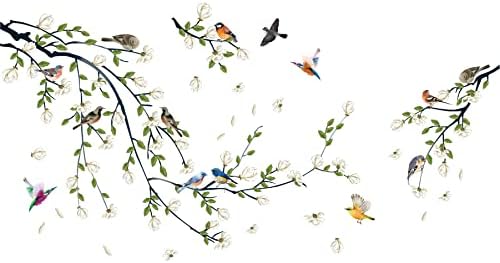 Green Vine Wall Decal with White Flowers and Birds