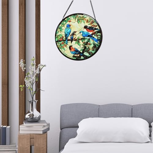 Stained Glass Birds on Tree Branches Window Hanging Decor