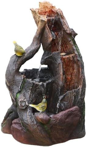Tree Trunk Waterfall Fountain with LED Lights and Playing Birds