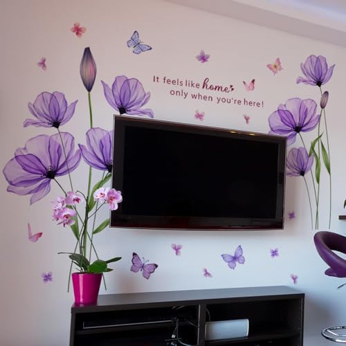 Purple Flower Wall Decals with Butterflies