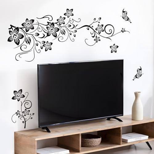 Supzone Black Flowers Butterfly Wall Decor Decals