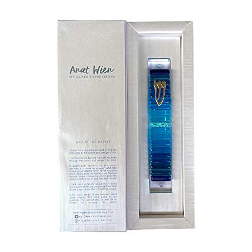 Jewish Mezuzah Premium Glass Case Blue April Sky