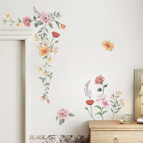 Retro Wildflower Wall Sticker Set 15 Sheets DIY Peel and Stick