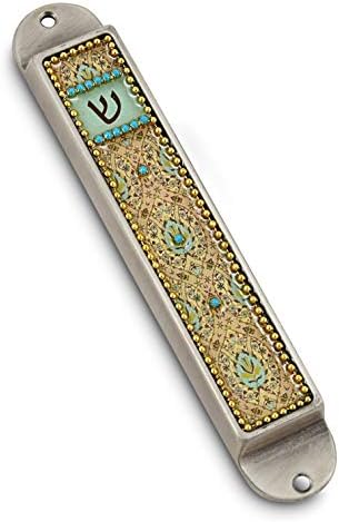 AJDesign Iris Collection Handcrafted Pewter Mezuzah Case Gold Floral