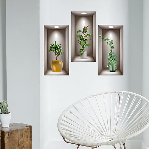 3D Potted Plants Wall Stickers Set of 3 Green Decor