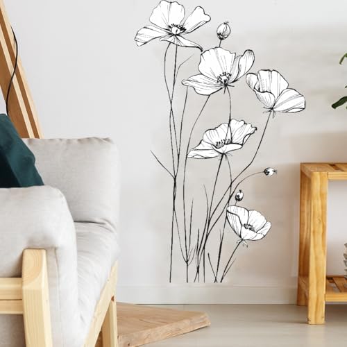 Black and White Poppy Wall Decal Minimalist Botanical Art