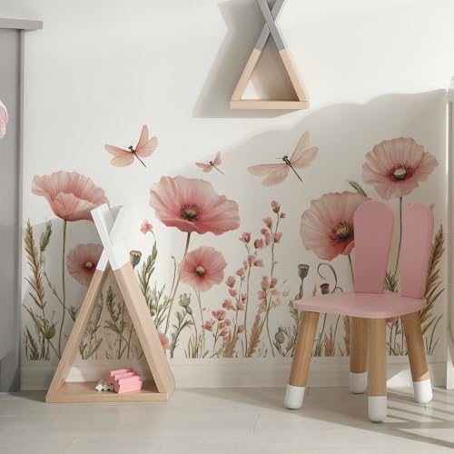 Watercolor Pink Flower Dragonfly Wall Sticker Botanical Design
