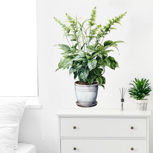 Green Leaves Potted Plant Wall Decal for Living Room and Bedroom