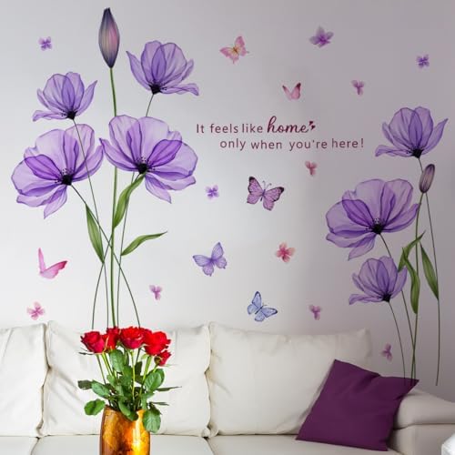 Purple Flower Wall Decals with Butterflies