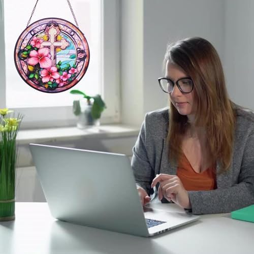 Flowers Cross Stained Glass Suncatcher Window Decor