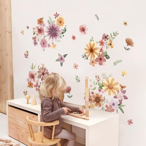 Retro Boho Wildflower Wall Stickers Set 7 Sheets DIY Peel and Stick