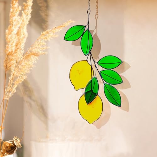 Green Lemon Plant Stained Glass Window Hanger