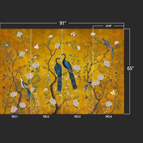 Golden Chinese Style Flowers Birds Wall Mural - 91x65 Inch