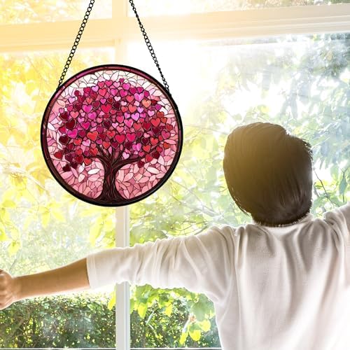 DASTOLL Pink Love Tree of Life Stained Glass Suncatcher