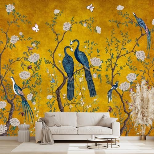 Golden Chinese Style Flowers Birds Wall Mural - 91x65 Inch