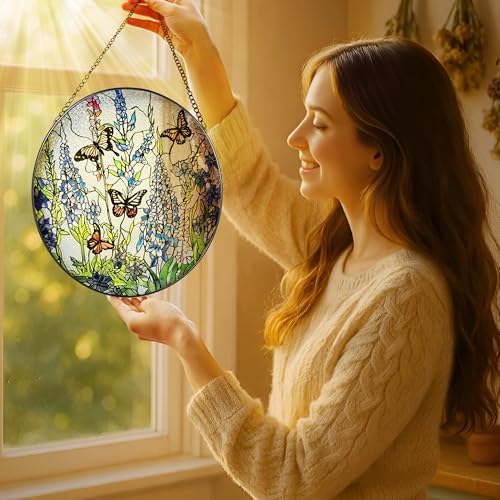 Lavender Monarch Butterfly Stained Glass Suncatcher 8 Inch