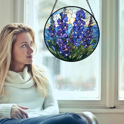 Stained Glass Window Hanging Blue Delphinium 63 in