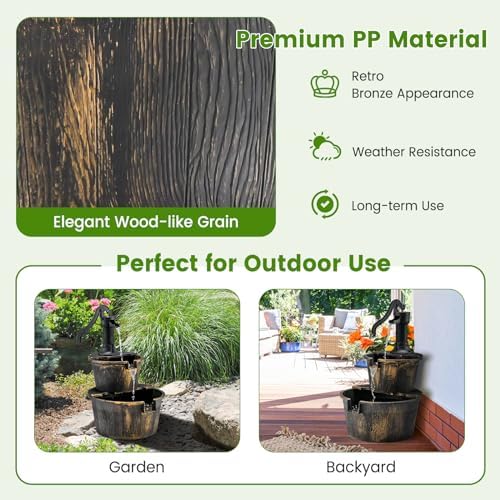 Happygrill 2-Tier Barrel Water Fountain with Electric Pump