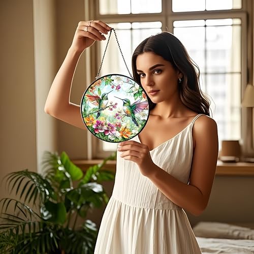 Voyakolo Hummingbird Stained Glass Suncatcher - 8 Inch Round Handmade Decor