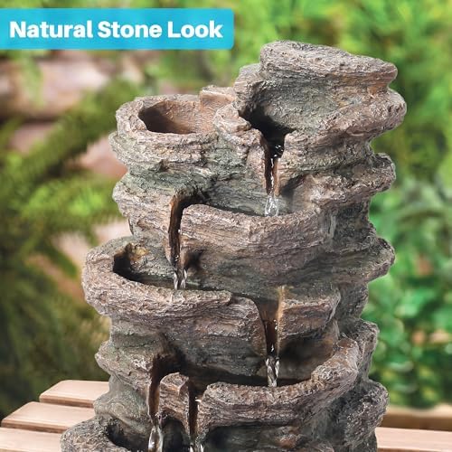 Biling 5-Tier Rock Water Fountain with LED Lights and Artificial Fern