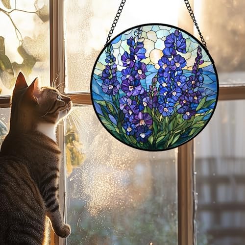 Stained Glass Window Hanging Blue Delphinium 63 in
