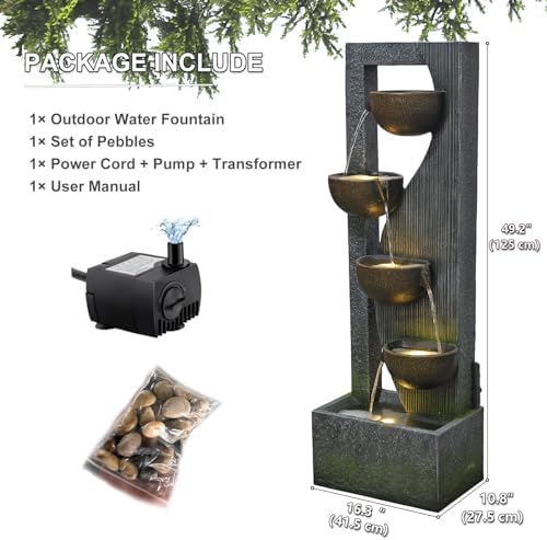 Sunlinua 5-Tier Outdoor Water Fountain with LED Lights and Natural Stones