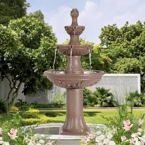 Italian Pagoda 3-Tier Outdoor Water Fountain with Roman Pillars Brown