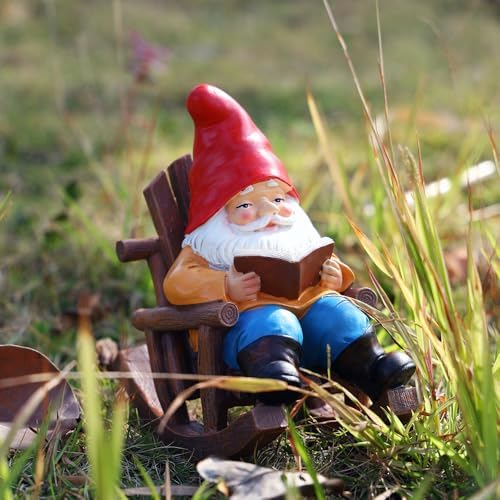 Garden Gnome Reading in Rocking Chair Resin Outdoor Statue