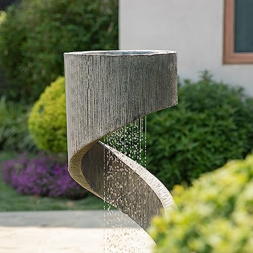 Glitzhome Tiered Outdoor Water Fountain with LED Light and Stone Planter