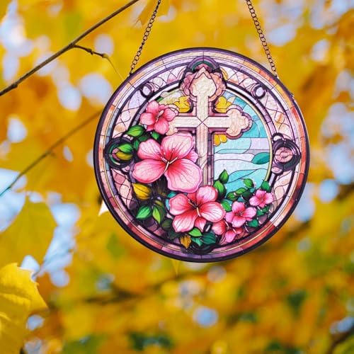 Flowers Cross Stained Glass Suncatcher Window Decor