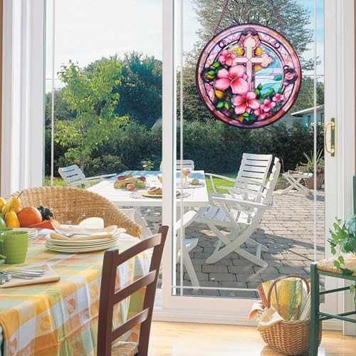 Flowers Cross Stained Glass Suncatcher Window Decor