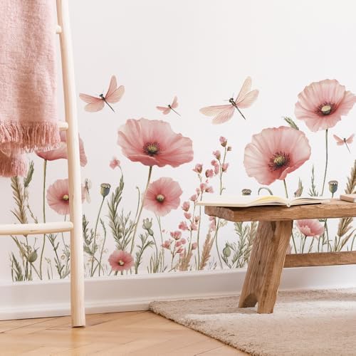 Watercolor Pink Flower Dragonfly Wall Sticker Botanical Design